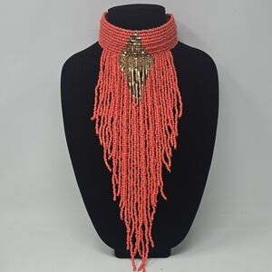 Orange and Gold Fringe Necklace with Intricate Design